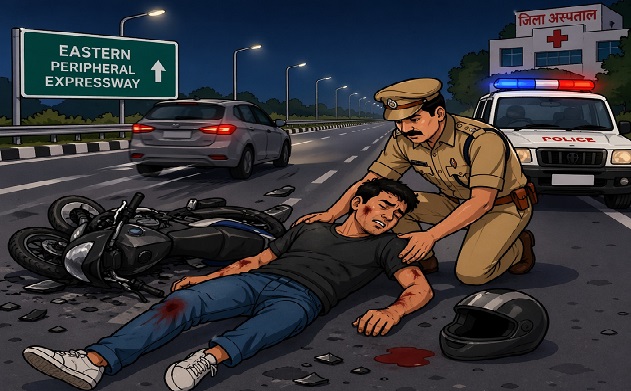 ईस्टर्न पेरीफेरल एक्सप्रेसवे पर हादसे में बाइक सवार युवक गंभीर घायल