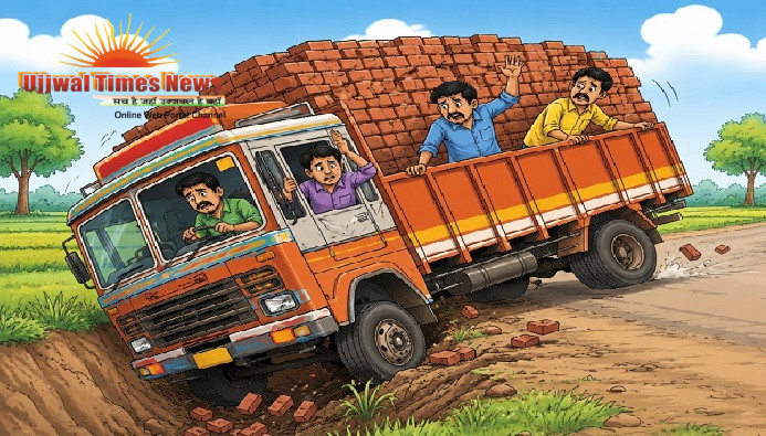 फखरपुर-मंडौला मार्ग पर अनियंत्रित हुआ ट्रक, पलटने से बाल-बाल बचा; पुलिस ने घायलों को अस्पताल पहुंचाया