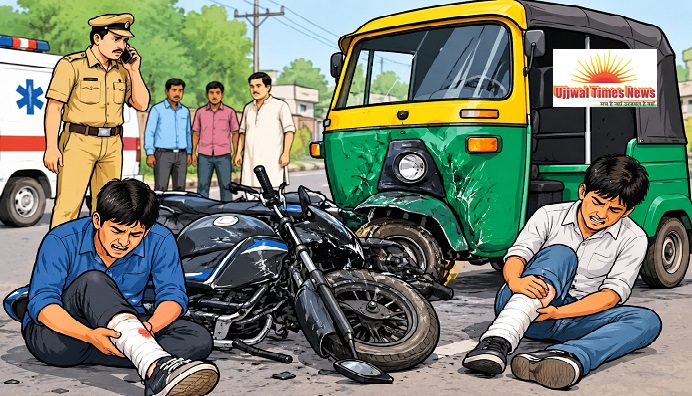 टेंपो की टक्कर से बाइक सवार दो दोस्त गंभीर घायल